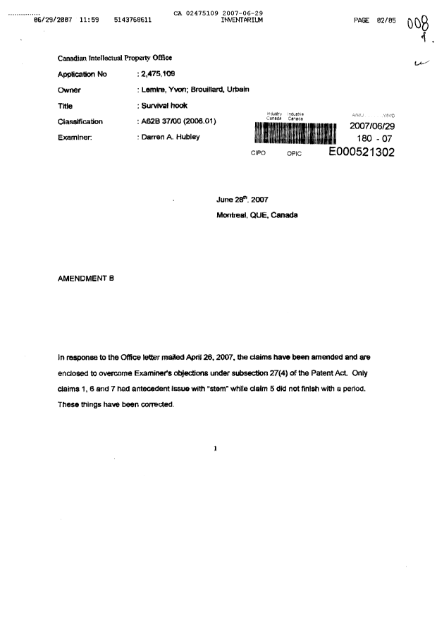 Canadian Patent Document 2475109. Prosecution-Amendment 20070629. Image 1 of 5