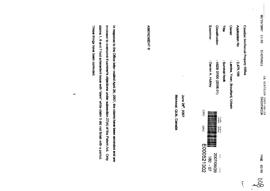 Document de brevet canadien 2475109. Poursuite-Amendment 20070629. Image 1 de 5