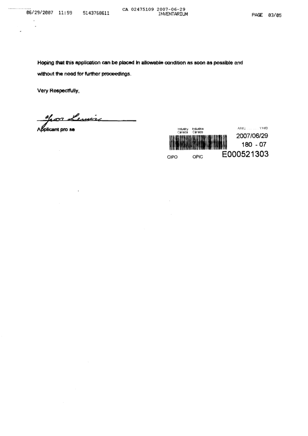 Document de brevet canadien 2475109. Poursuite-Amendment 20070629. Image 2 de 5