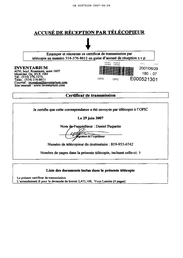 Document de brevet canadien 2475109. Poursuite-Amendment 20070629. Image 5 de 5