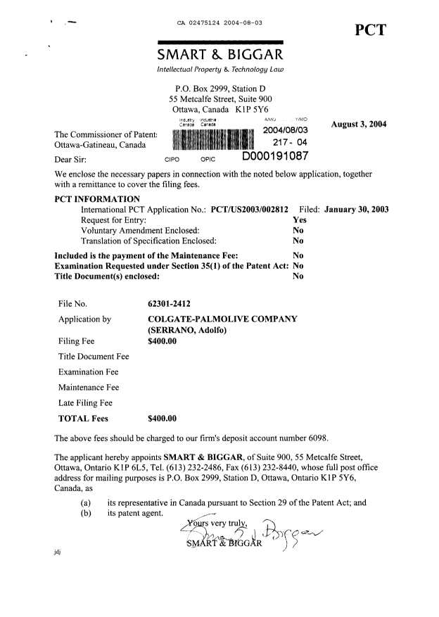 Document de brevet canadien 2475124. Cession 20040803. Image 1 de 2