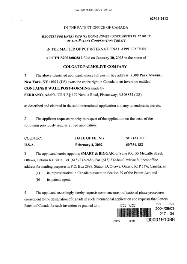 Document de brevet canadien 2475124. Cession 20040803. Image 2 de 2