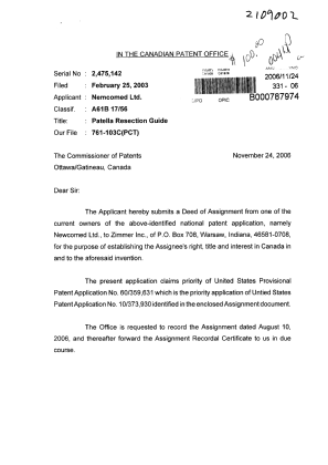 Canadian Patent Document 2475142. Assignment 20061124. Image 1 of 4