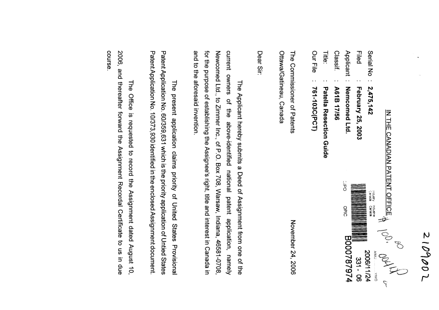 Document de brevet canadien 2475142. Cession 20061124. Image 1 de 4