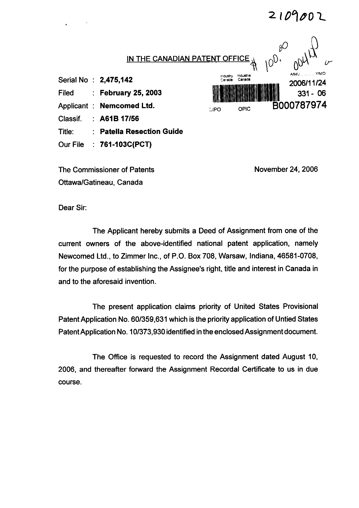 Document de brevet canadien 2475142. Cession 20061124. Image 1 de 4
