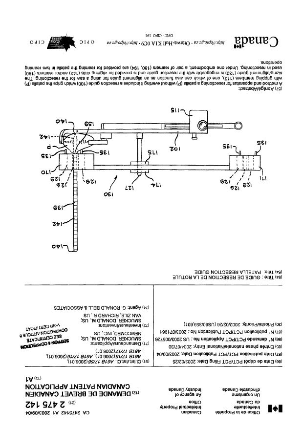 Canadian Patent Document 2475142. Cover Page 20080923. Image 1 of 2