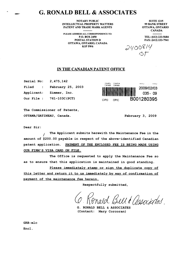 Document de brevet canadien 2475142. Taxes 20081203. Image 1 de 1