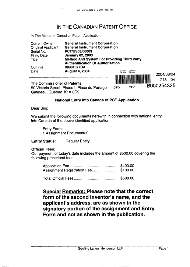 Document de brevet canadien 2475216. Cession 20040804. Image 1 de 10