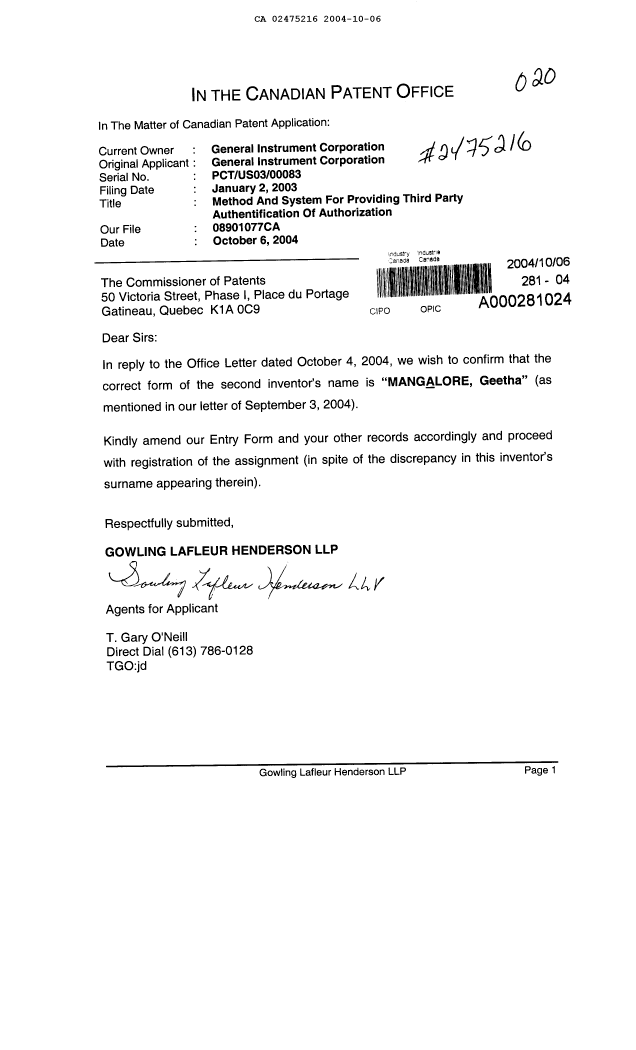 Document de brevet canadien 2475216. Correspondance 20041006. Image 1 de 1
