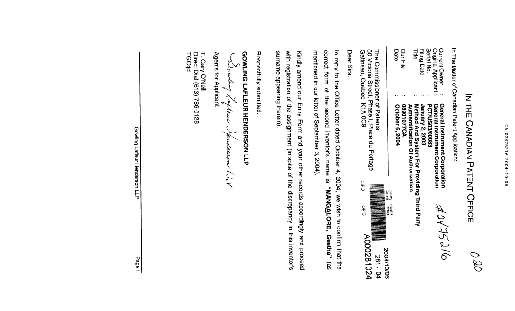 Canadian Patent Document 2475216. Correspondence 20041006. Image 1 of 1