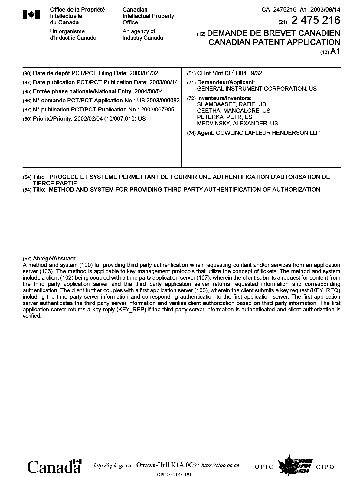 Canadian Patent Document 2475216. Cover Page 20041021. Image 1 of 1