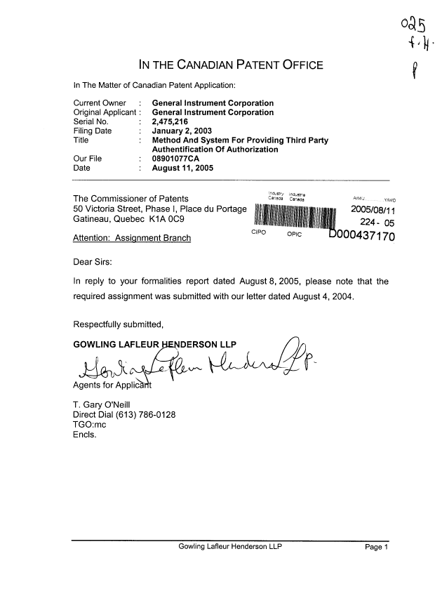 Document de brevet canadien 2475216. Cession 20050811. Image 1 de 1