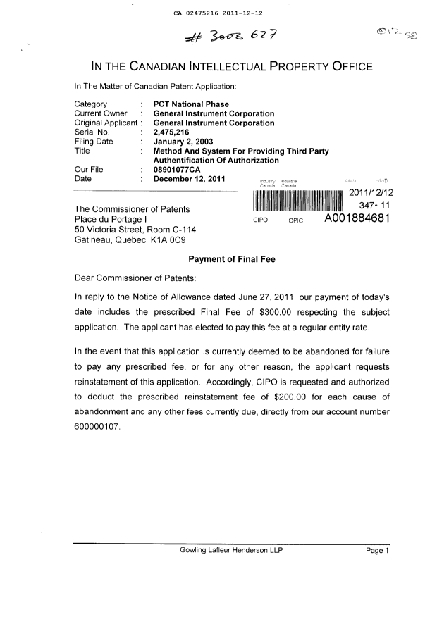Document de brevet canadien 2475216. Correspondance 20111212. Image 1 de 2