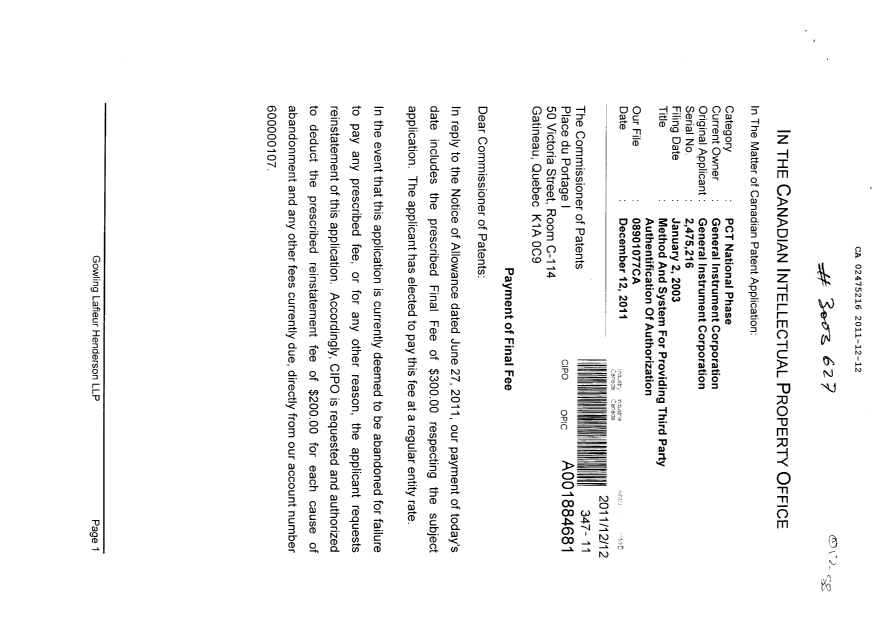 Canadian Patent Document 2475216. Correspondence 20111212. Image 1 of 2