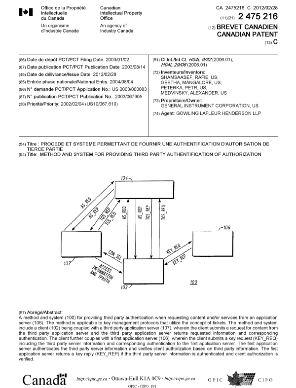 Document de brevet canadien 2475216. Page couverture 20120131. Image 1 de 1
