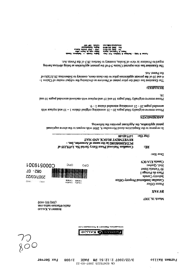 Canadian Patent Document 2475225. Prosecution-Amendment 20070322. Image 1 of 8