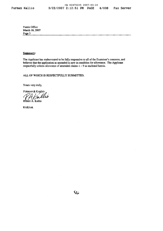 Canadian Patent Document 2475225. Prosecution-Amendment 20070322. Image 3 of 8