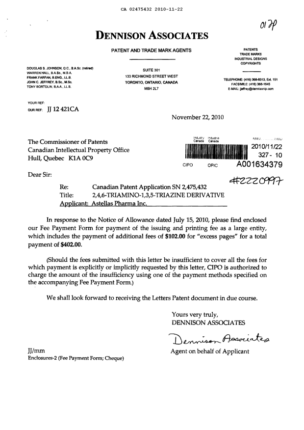 Document de brevet canadien 2475432. Correspondance 20101122. Image 1 de 1