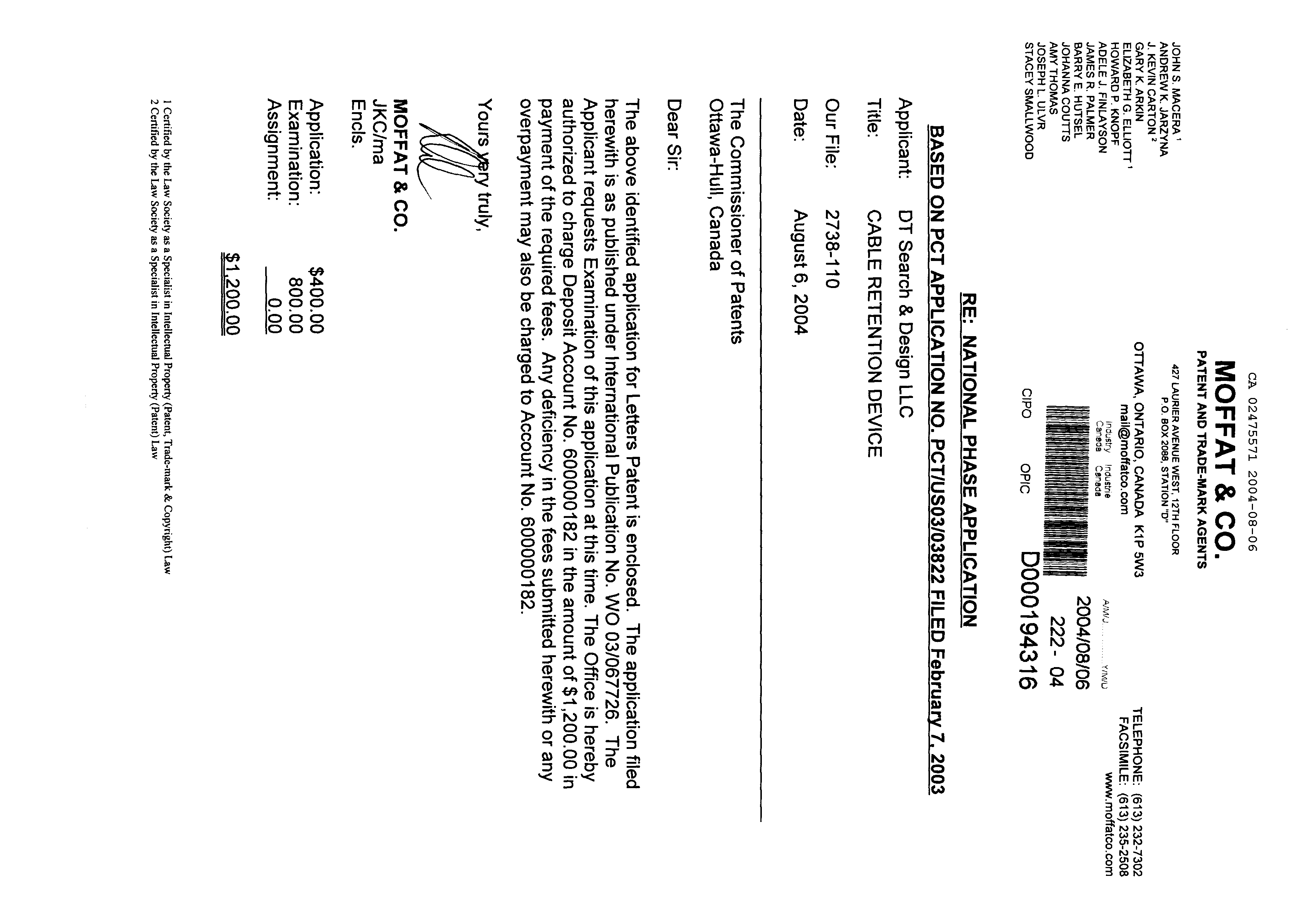 Canadian Patent Document 2475571. Assignment 20040806. Image 1 of 3