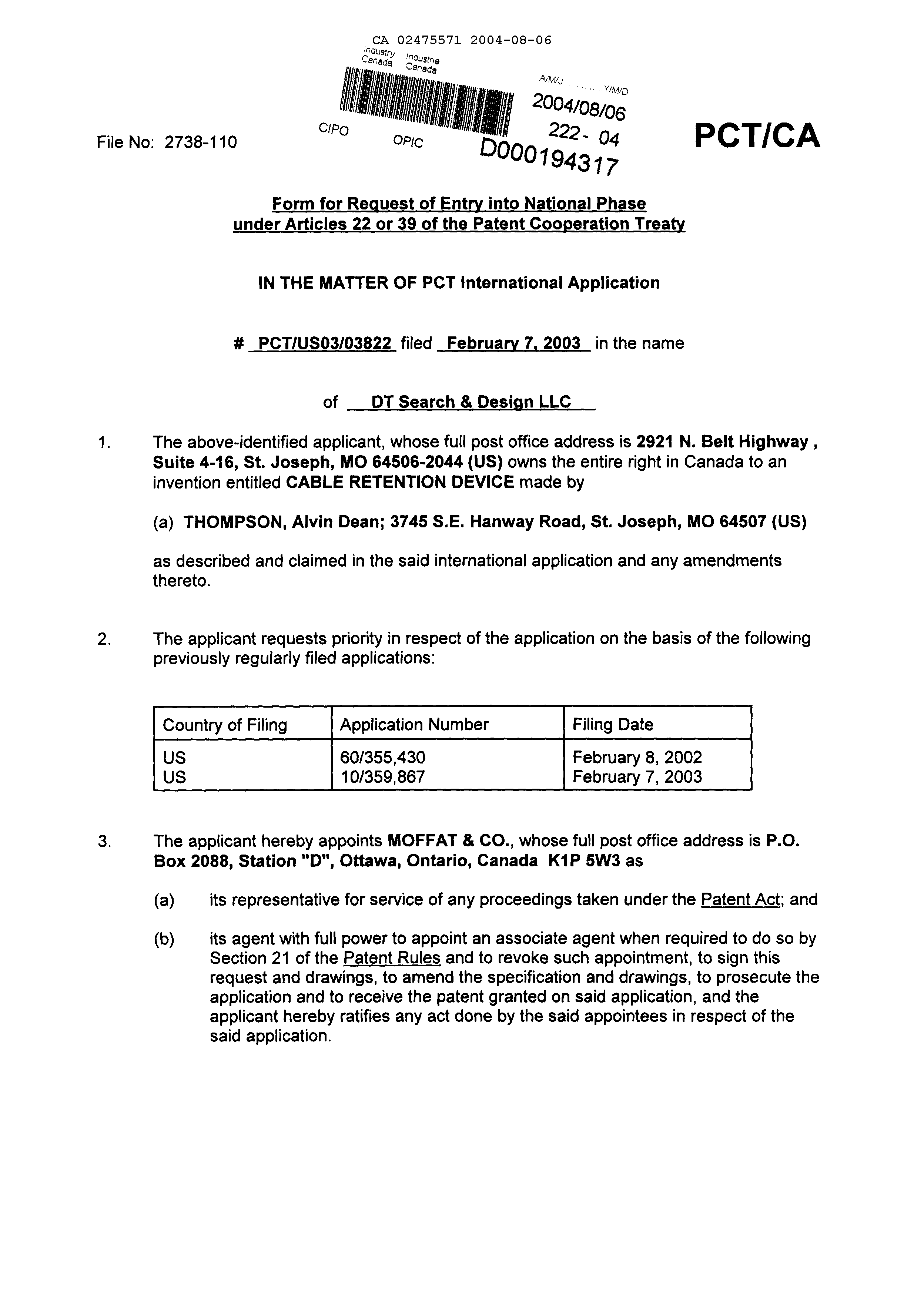 Canadian Patent Document 2475571. Assignment 20040806. Image 2 of 3