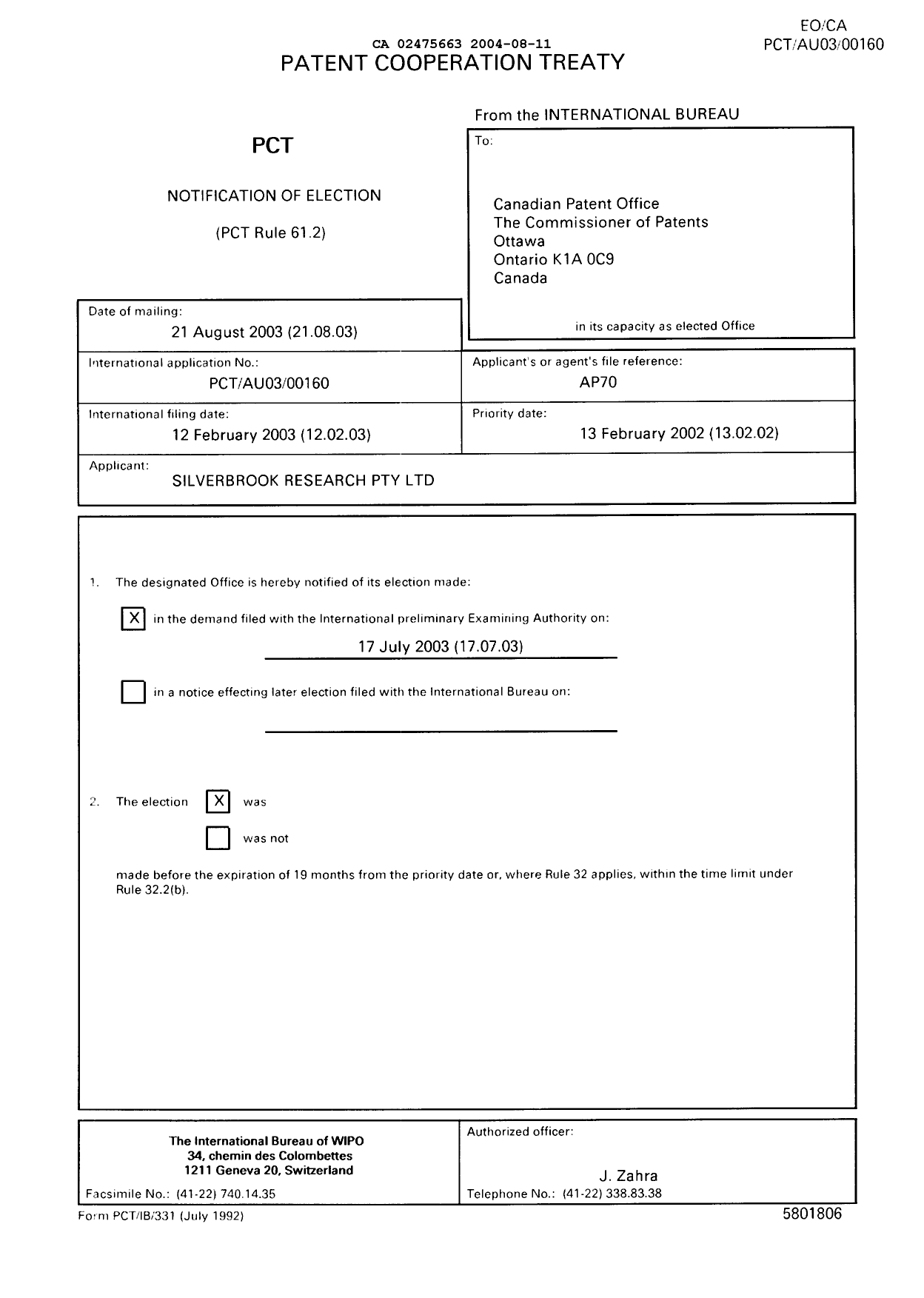 Document de brevet canadien 2475663. PCT 20040811. Image 1 de 10