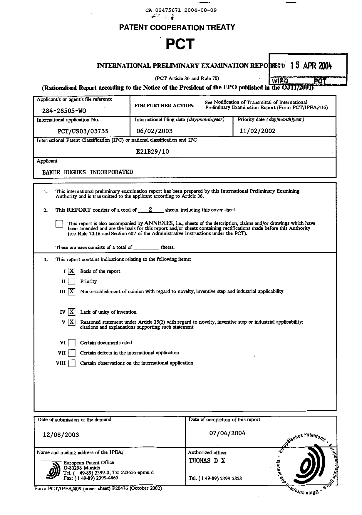 Canadian Patent Document 2475671. PCT 20031209. Image 2 of 8