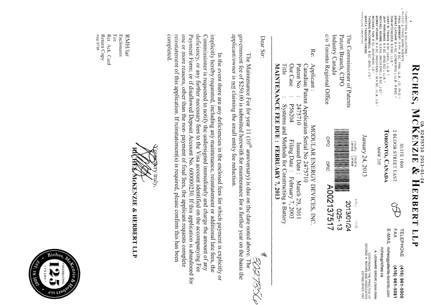 Document de brevet canadien 2475710. Taxes 20130124. Image 1 de 1