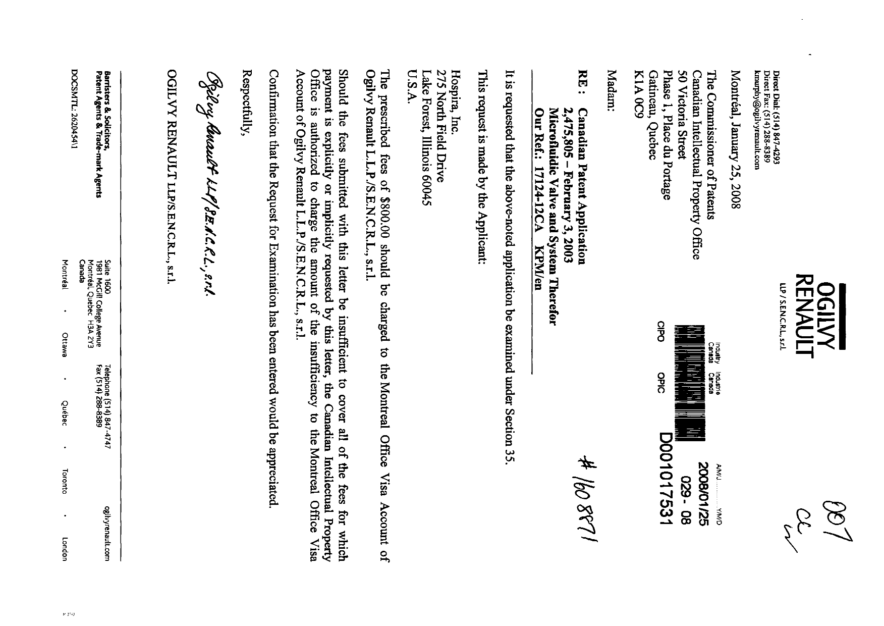 Canadian Patent Document 2475805. Prosecution-Amendment 20080118. Image 1 of 2