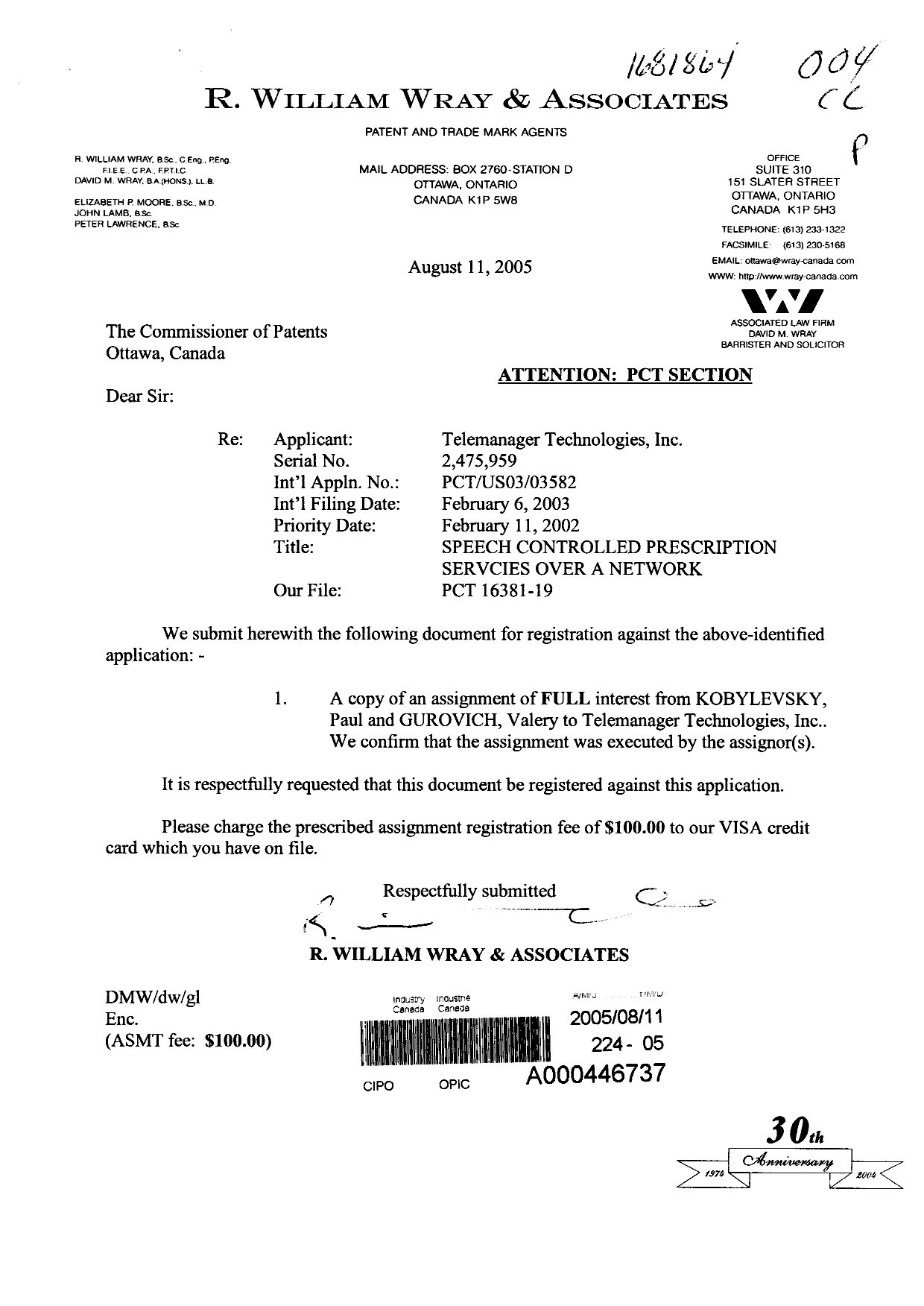 Canadian Patent Document 2475959. Assignment 20050811. Image 1 of 6