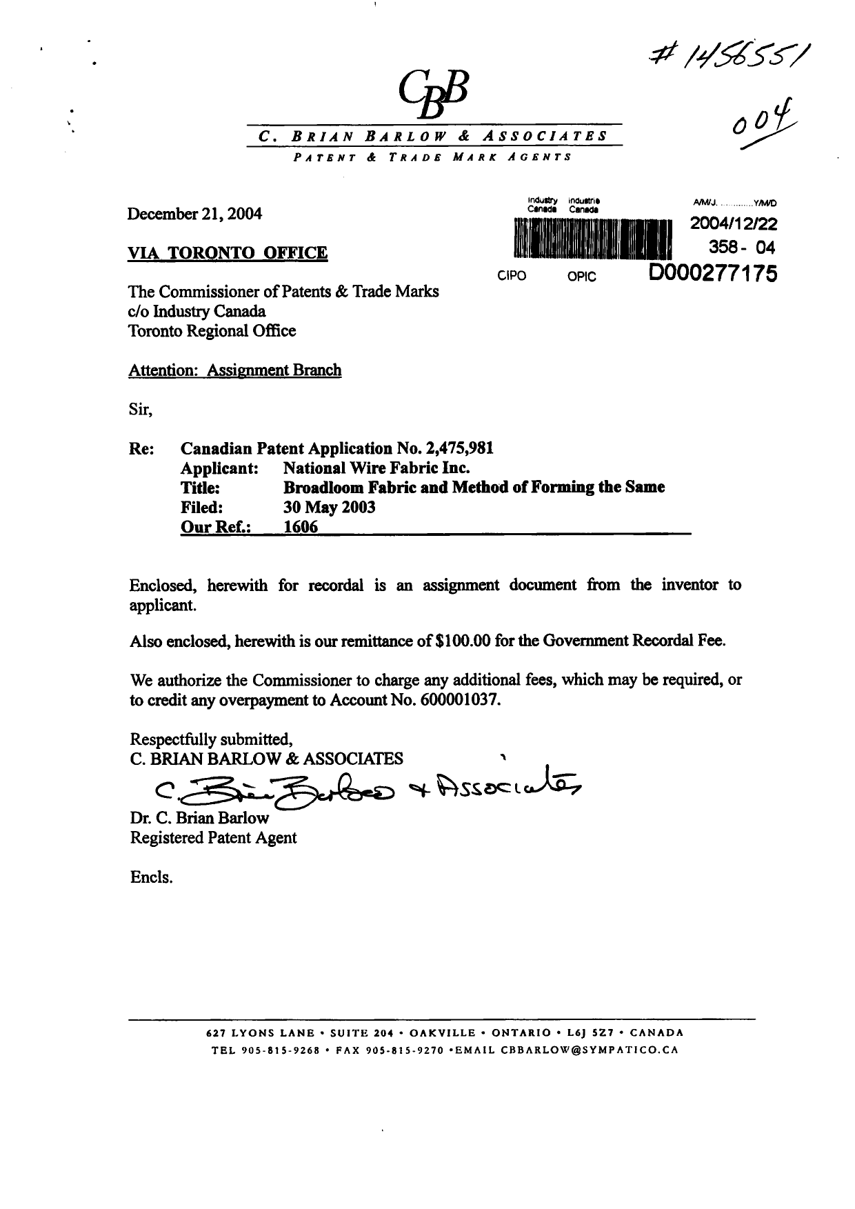 Canadian Patent Document 2475981. Assignment 20041222. Image 1 of 2