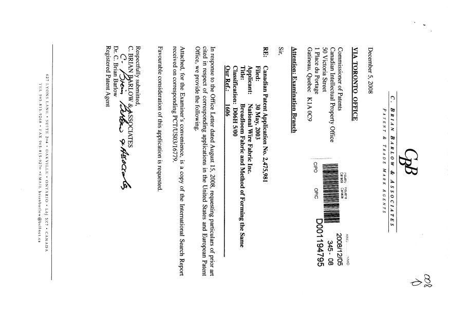 Document de brevet canadien 2475981. Poursuite-Amendment 20081205. Image 1 de 1
