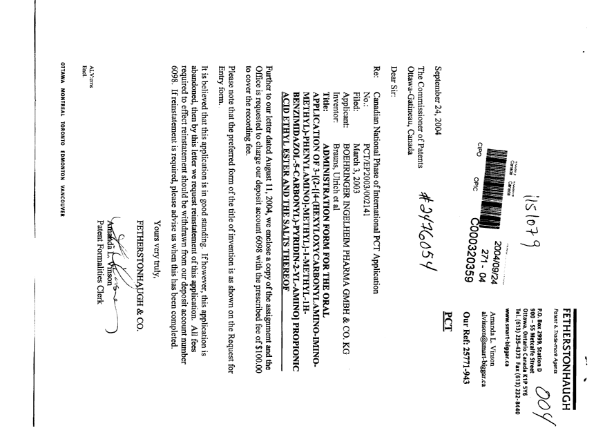 Document de brevet canadien 2476054. Cession 20040924. Image 1 de 3