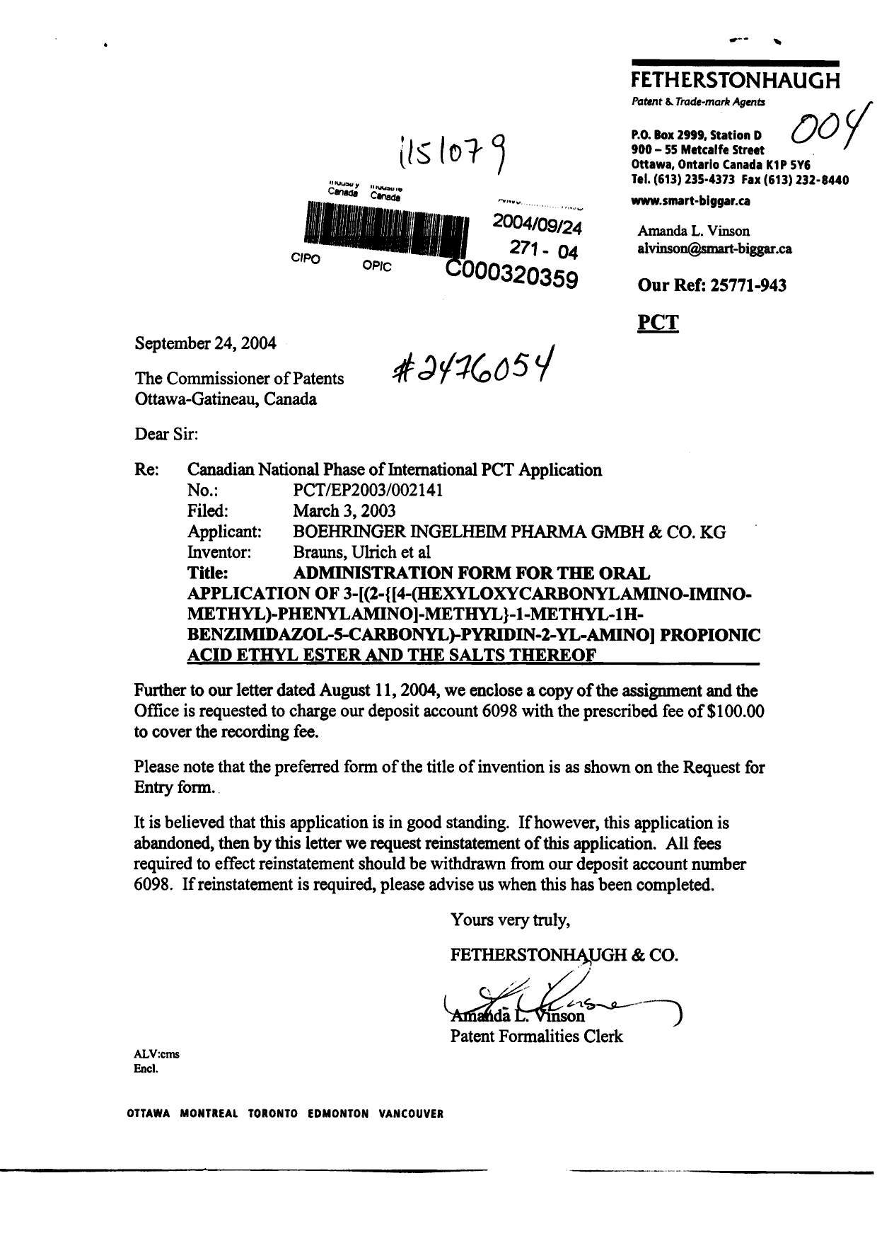 Document de brevet canadien 2476054. Cession 20040924. Image 1 de 3