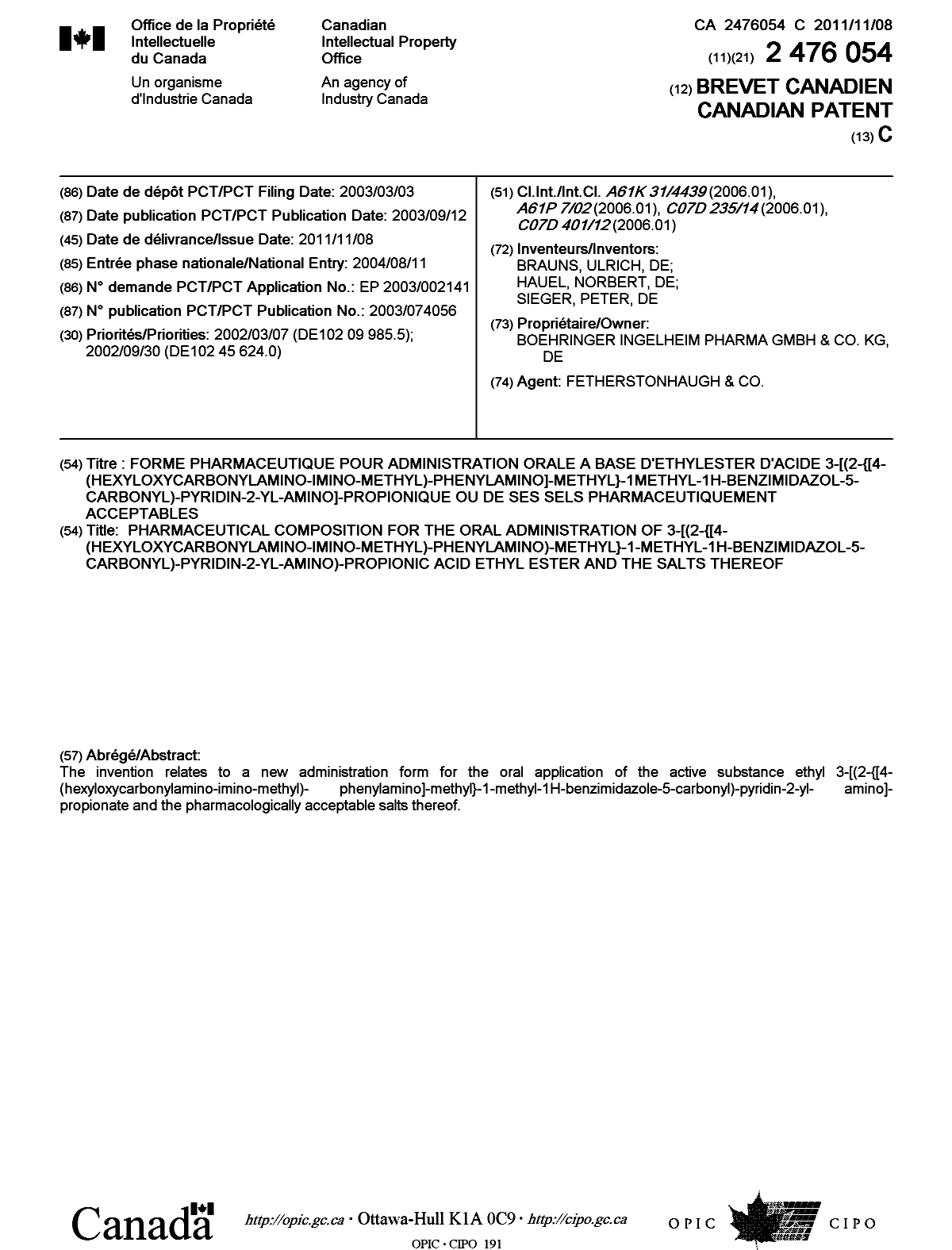 Document de brevet canadien 2476054. Page couverture 20111004. Image 1 de 1