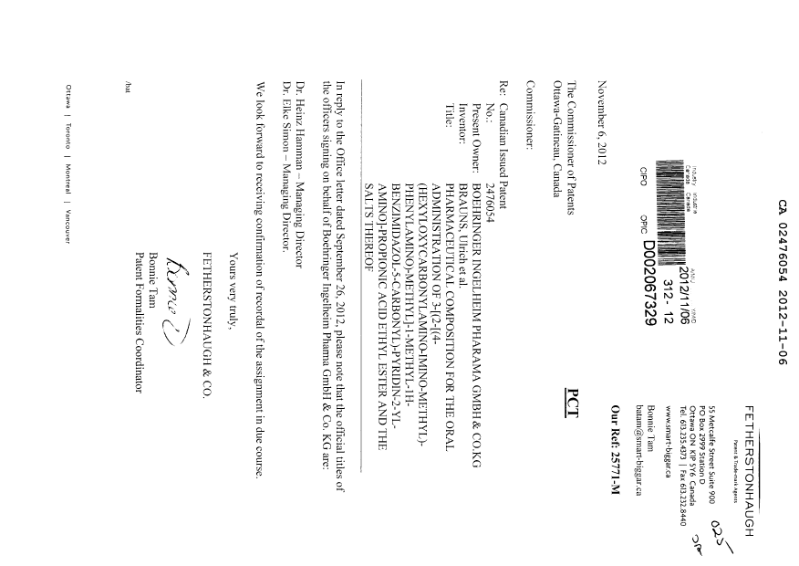 Document de brevet canadien 2476054. Cession 20121106. Image 1 de 1
