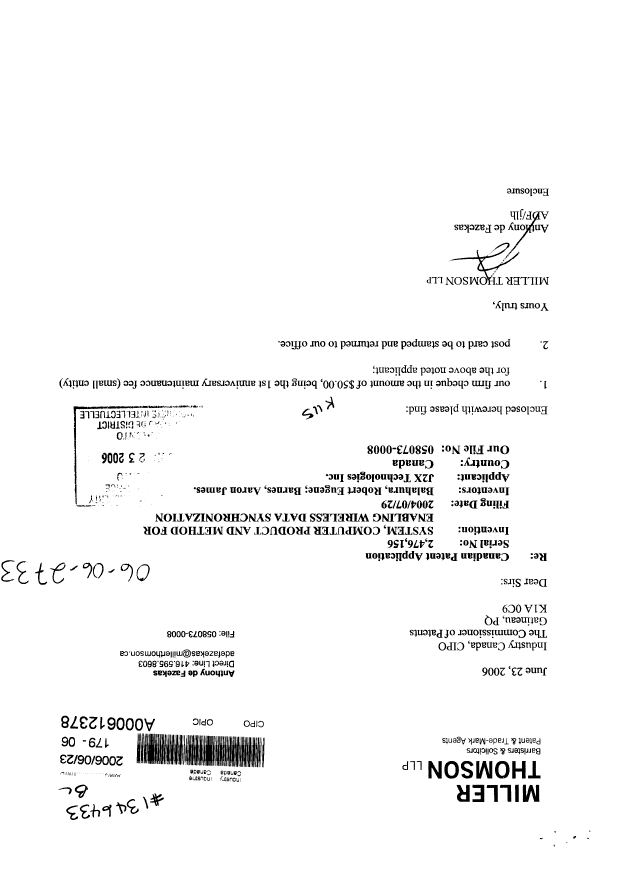 Canadian Patent Document 2476156. Fees 20060623. Image 1 of 1