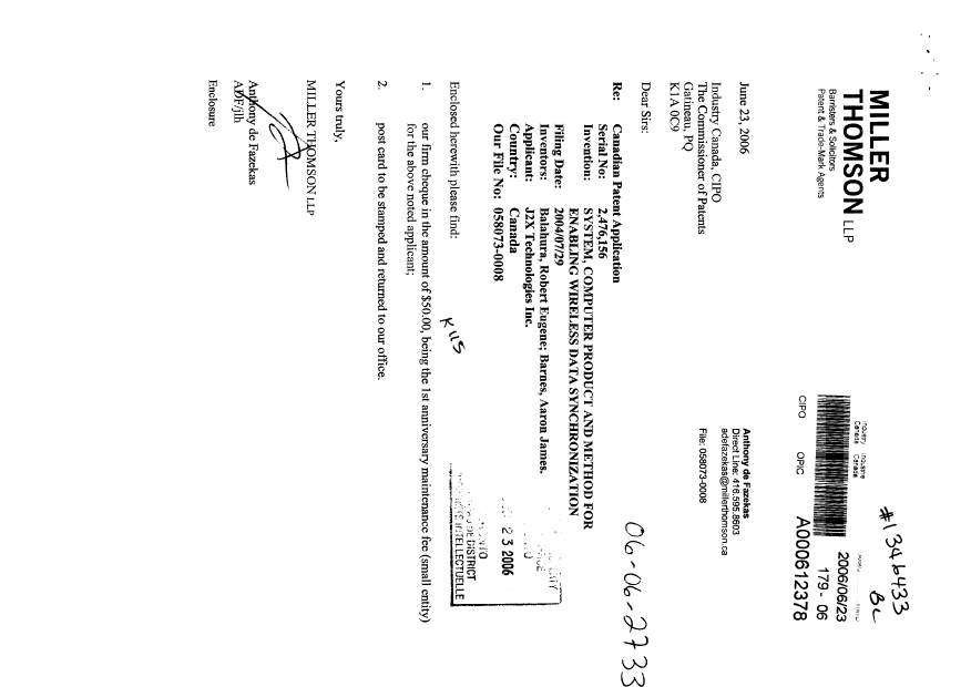 Document de brevet canadien 2476156. Taxes 20060623. Image 1 de 1