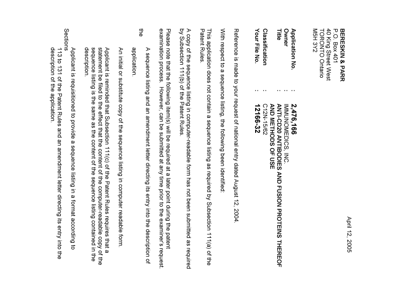 Canadian Patent Document 2476166. Correspondence 20050406. Image 1 of 2