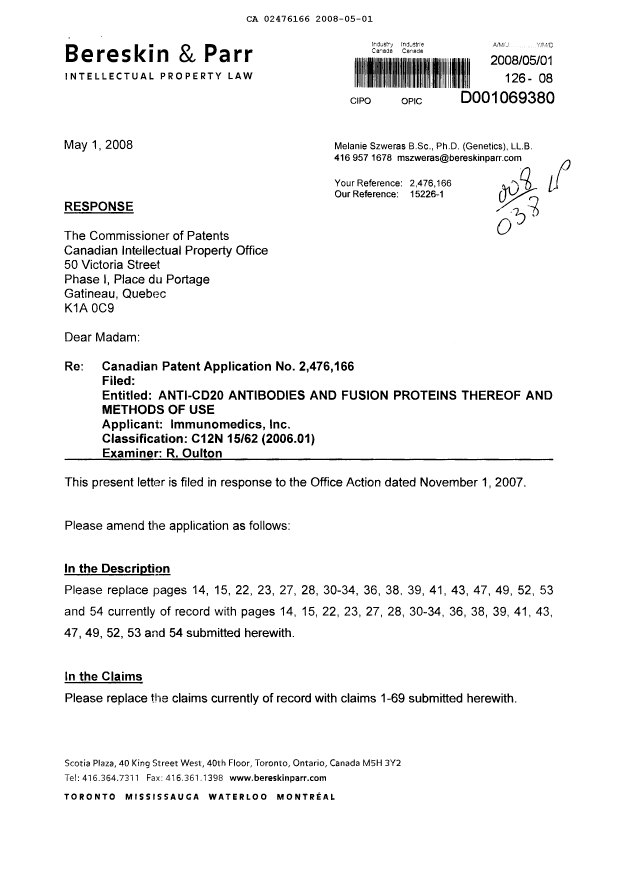 Document de brevet canadien 2476166. Poursuite-Amendment 20080501. Image 1 de 34