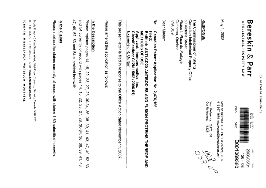 Canadian Patent Document 2476166. Prosecution-Amendment 20080501. Image 1 of 34