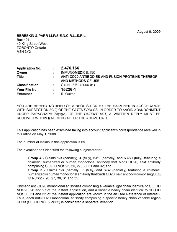 Document de brevet canadien 2476166. Poursuite-Amendment 20090806. Image 1 de 3