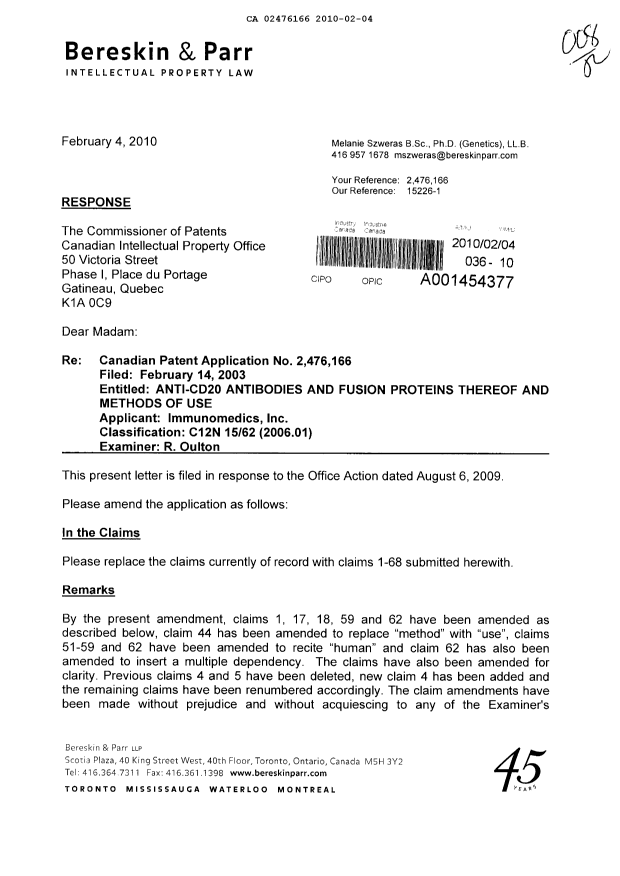 Canadian Patent Document 2476166. Prosecution-Amendment 20100204. Image 1 of 11