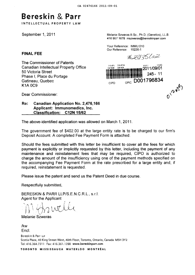 Document de brevet canadien 2476166. Correspondance 20110901. Image 1 de 1