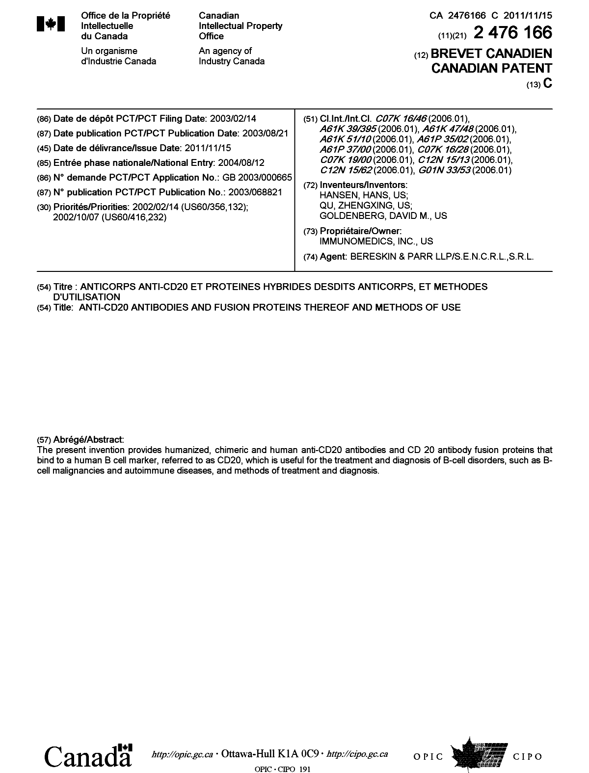 Canadian Patent Document 2476166. Cover Page 20111012. Image 1 of 1