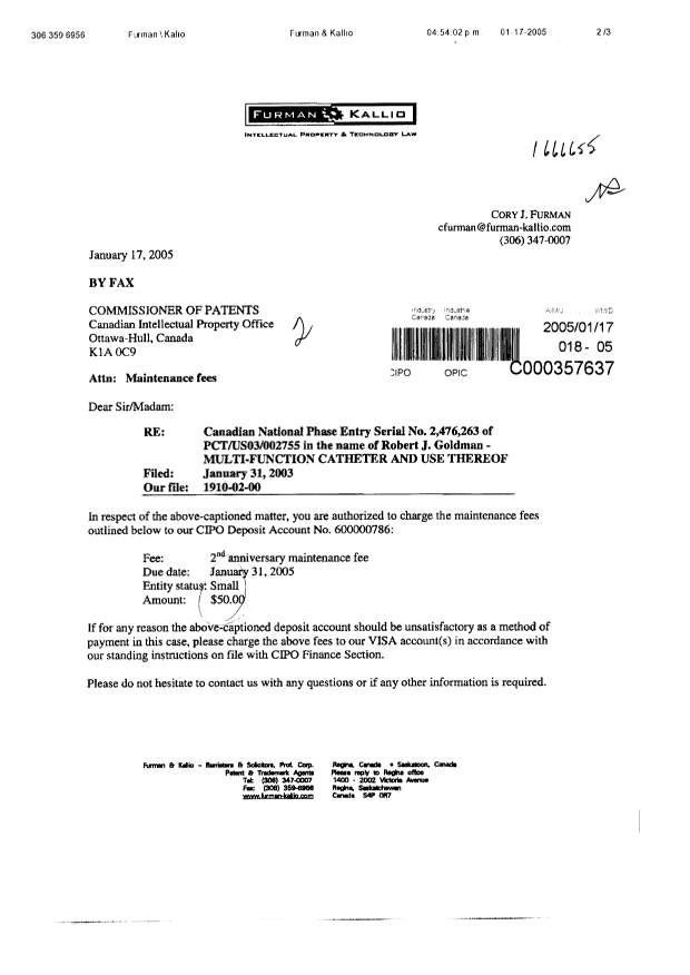 Document de brevet canadien 2476263. Taxes 20050117. Image 1 de 2