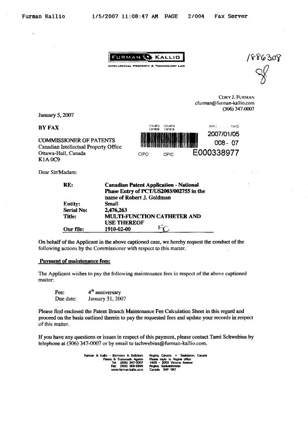Document de brevet canadien 2476263. Taxes 20070105. Image 1 de 4