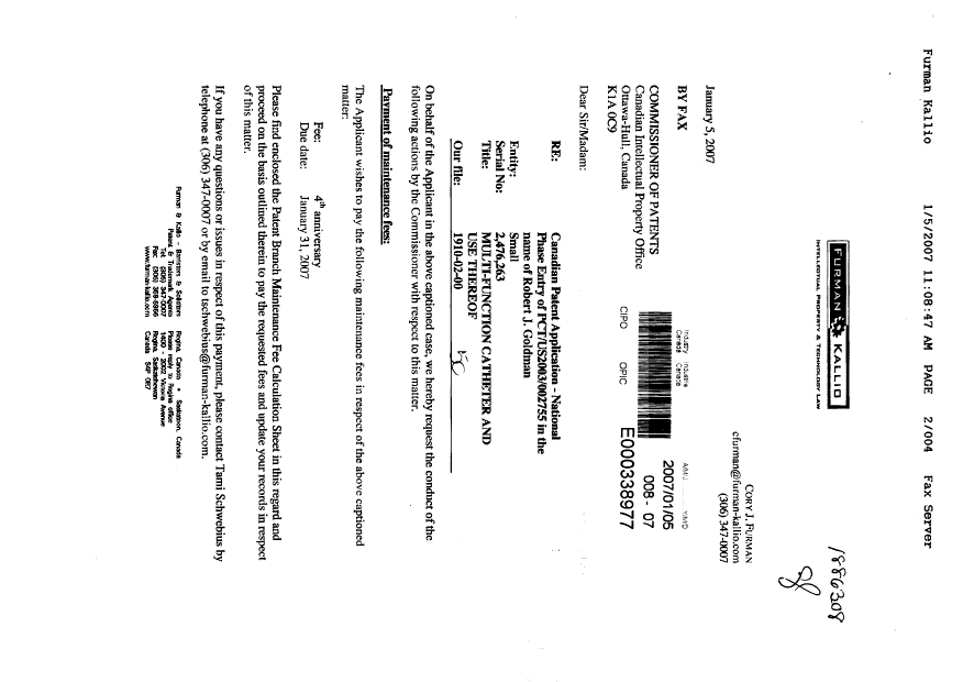 Canadian Patent Document 2476263. Fees 20070105. Image 1 of 4
