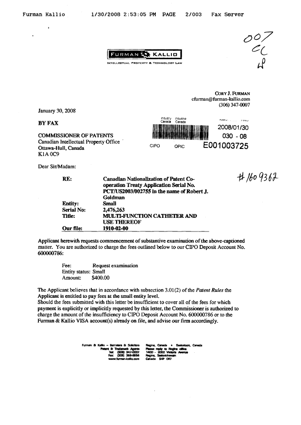 Canadian Patent Document 2476263. Prosecution-Amendment 20080130. Image 1 of 3