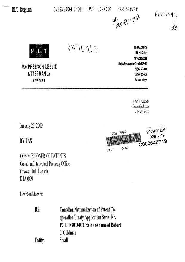 Document de brevet canadien 2476263. Taxes 20090126. Image 1 de 6