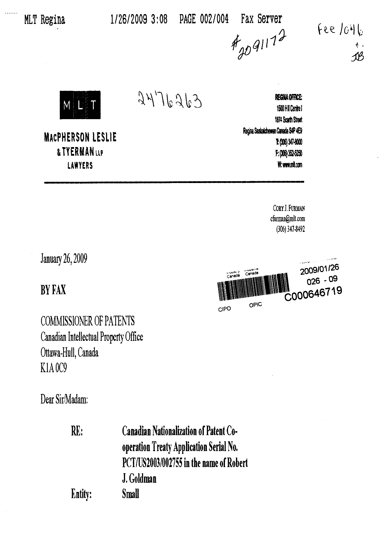 Canadian Patent Document 2476263. Correspondence 20090126. Image 1 of 6